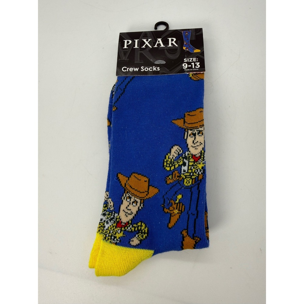 Disney Pixar Toy Story Woody Crew Socks Mens Size 9-13 Blue Yellow Cowboy